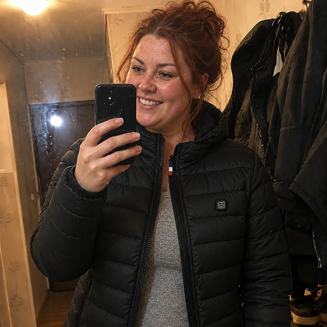 Karine M. wearing the heated winter jacket