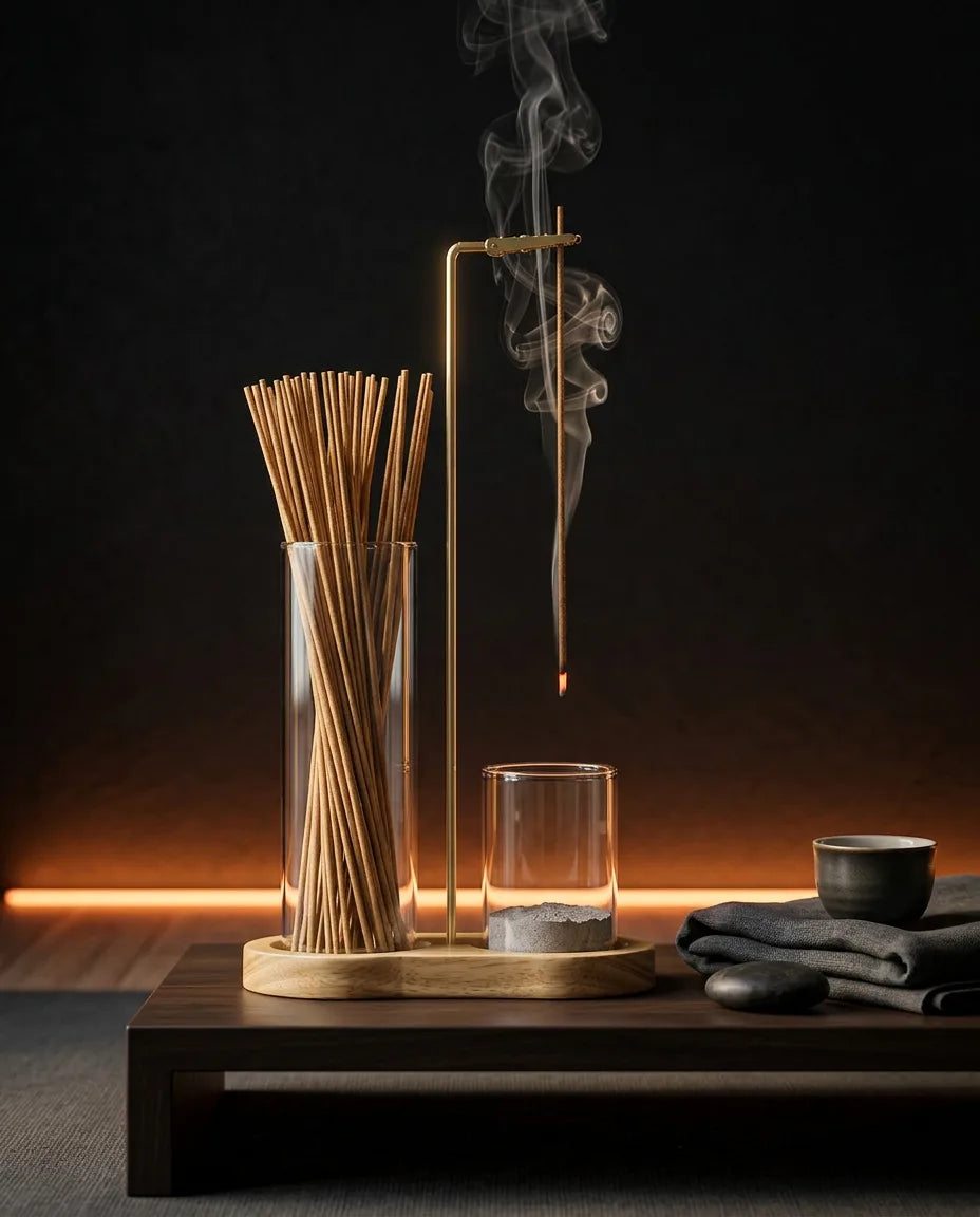 Porte-encens en laiton et en bois – coupelle en verre qui recueille proprement les cendres – image du produit 2