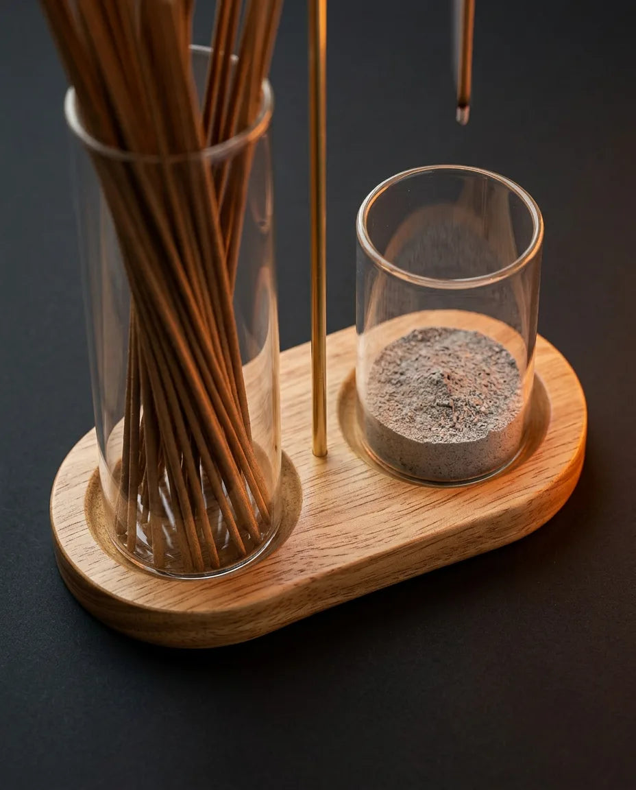 Porte-encens en laiton et en bois – coupelle en verre qui recueille proprement les cendres – image du produit 6