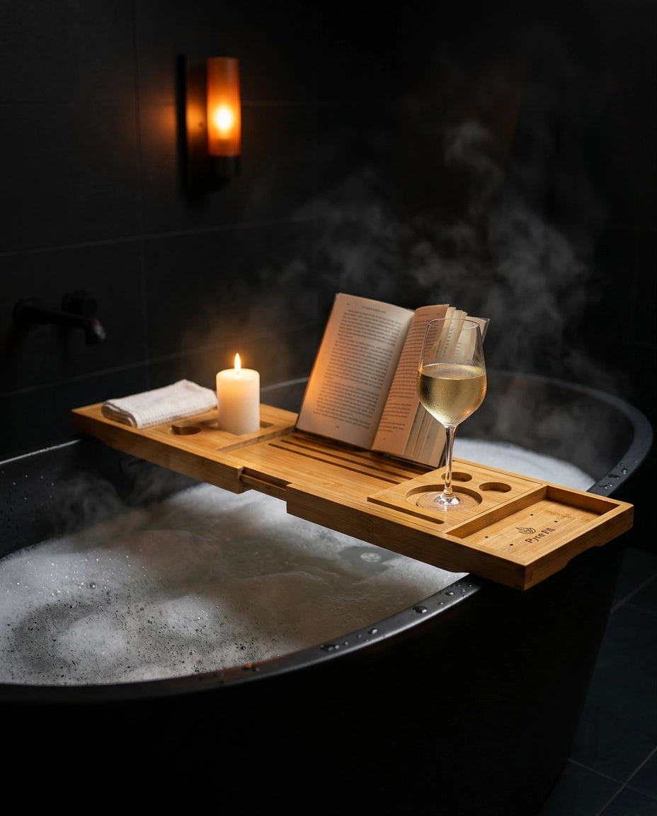 Bamboo Bathtub Caddy – Extendable with Room for a Book, Tablet, Glass and Candles – product image 2