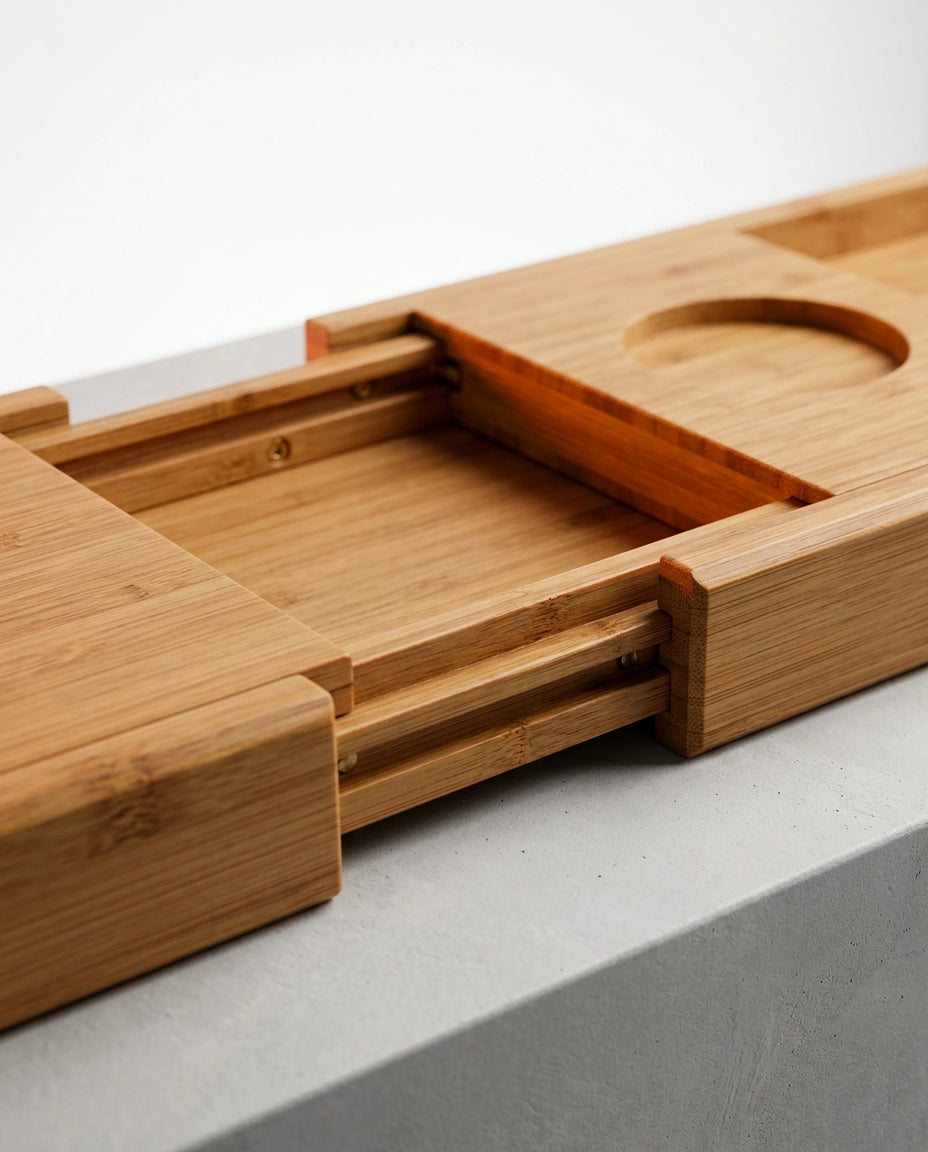 Bamboo Bathtub Caddy – Extendable with Room for a Book, Tablet, Glass and Candles – product image 5