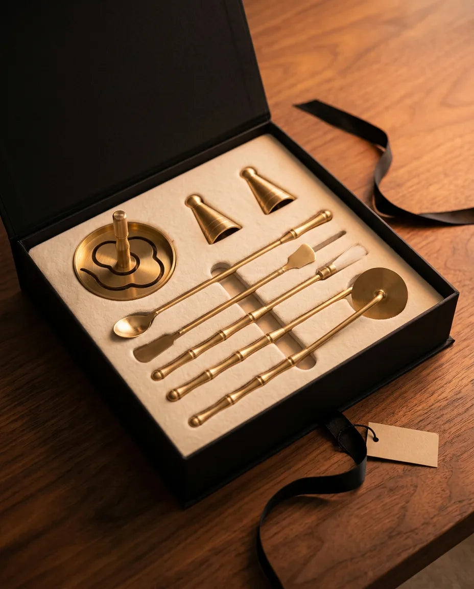 Ensemble d'outils à encens en laiton – accessoires rituels pour encens en poudre et en cônes – image du produit 10
