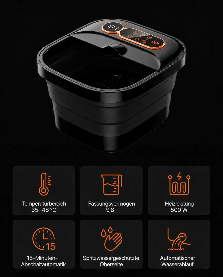 Foldable foot spa with massage rollers – overview of the features shown