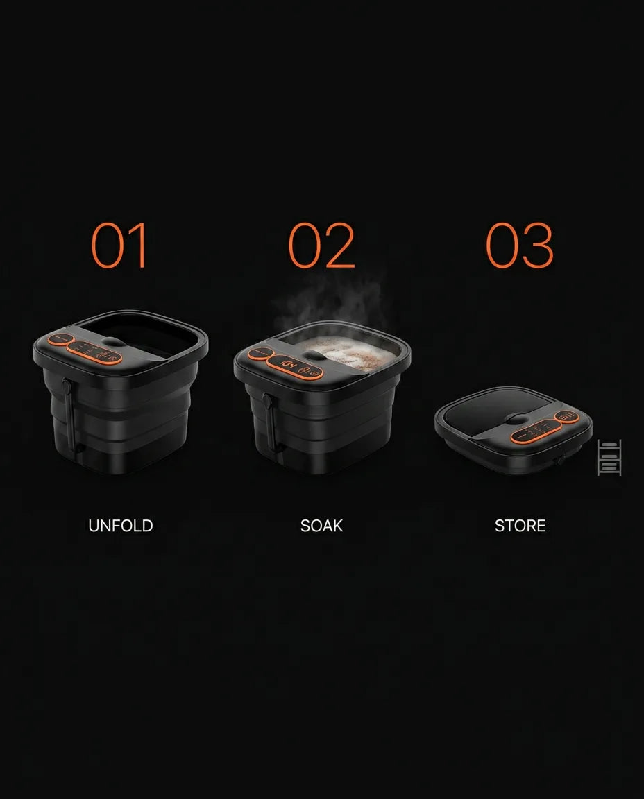 Foldable foot spa with massage rollers – graphic showing how to fold it in three steps