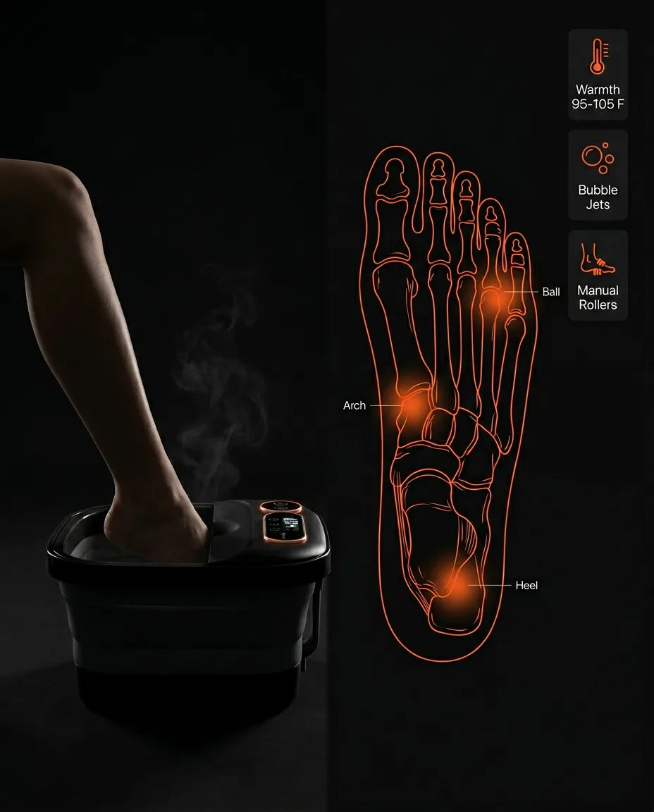 Foldable foot spa with massage rollers – diagram of feet in the basin