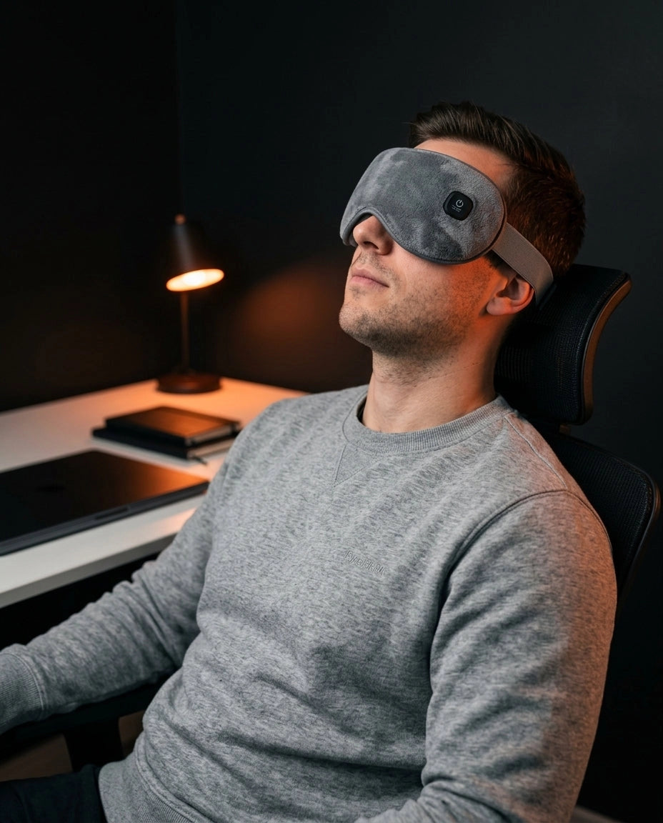 Masseur pour les yeux pliable avec chaleur – homme avec l'appareil dans un fauteuil