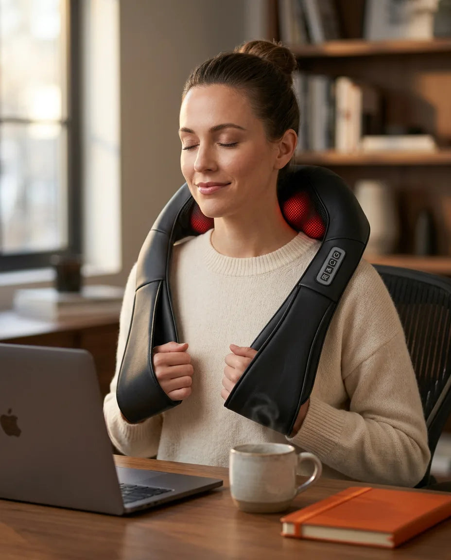 Shiatsu neck massager with heat – woman reading on the sofa while using the device