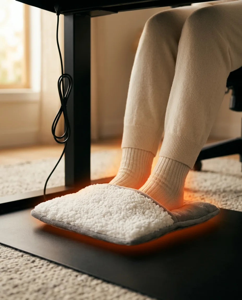 Feet in the USB foot warmer under a table