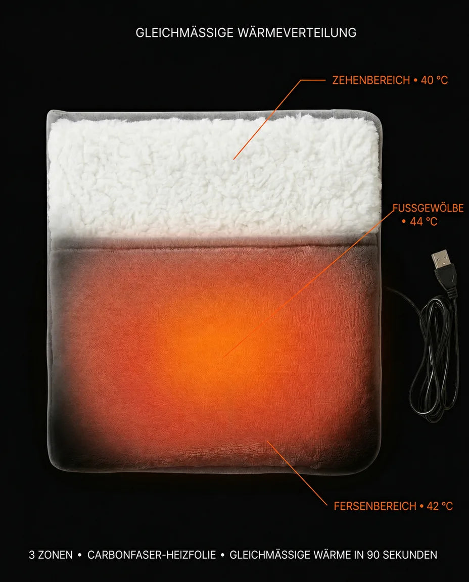 USB foot warmer with sherpa lining, diagram of the warming area