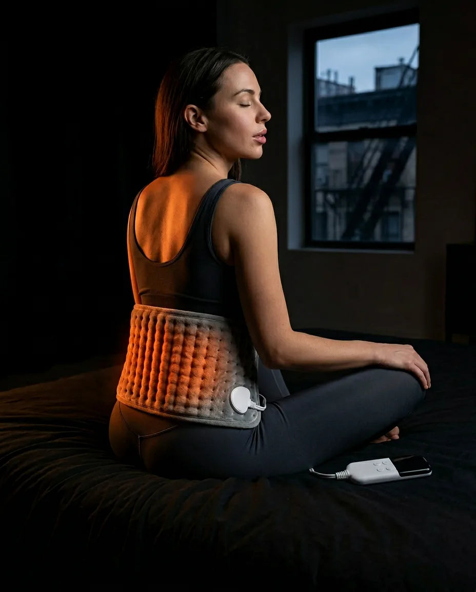 Femme utilisant le coussin chauffant électrique dans le dos