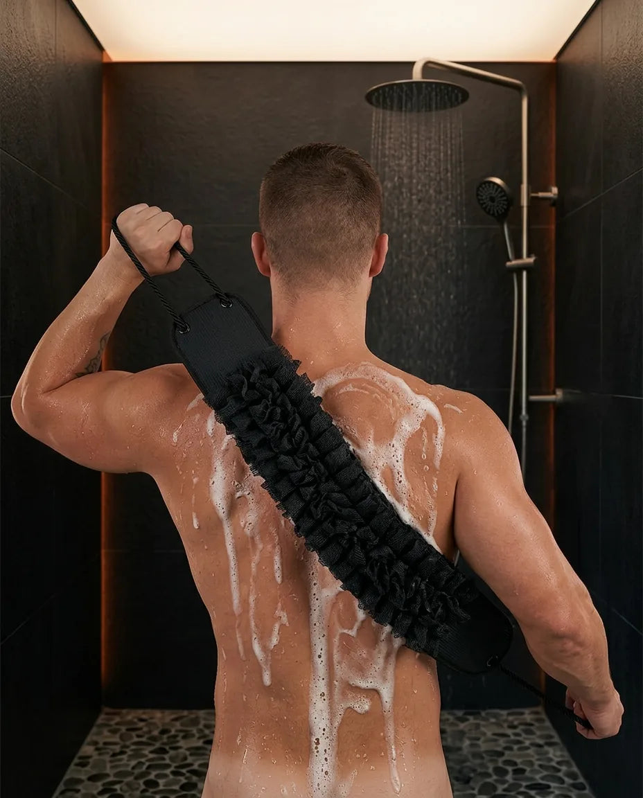 Frottoir extra-long pour le dos – sangle de lavage texturée à deux poignées – image du produit 2