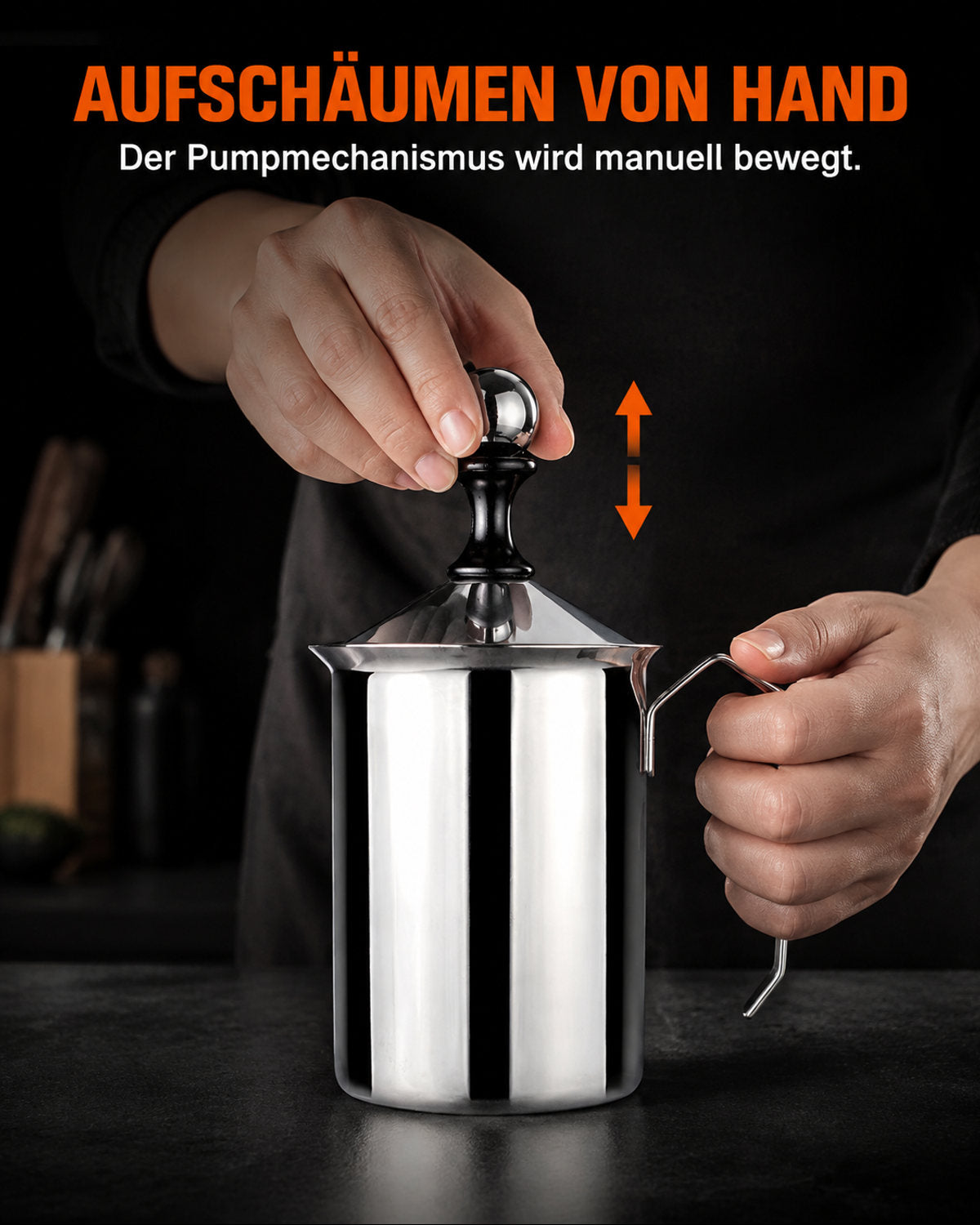 Manual stainless steel milk frother – product view 6