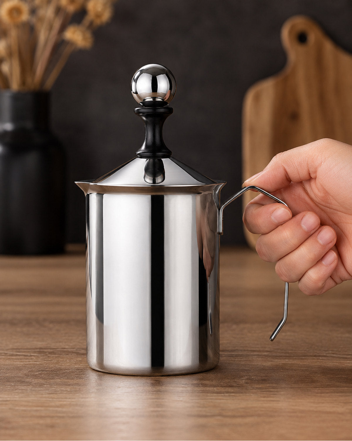 Manual stainless steel milk frother – product view 7
