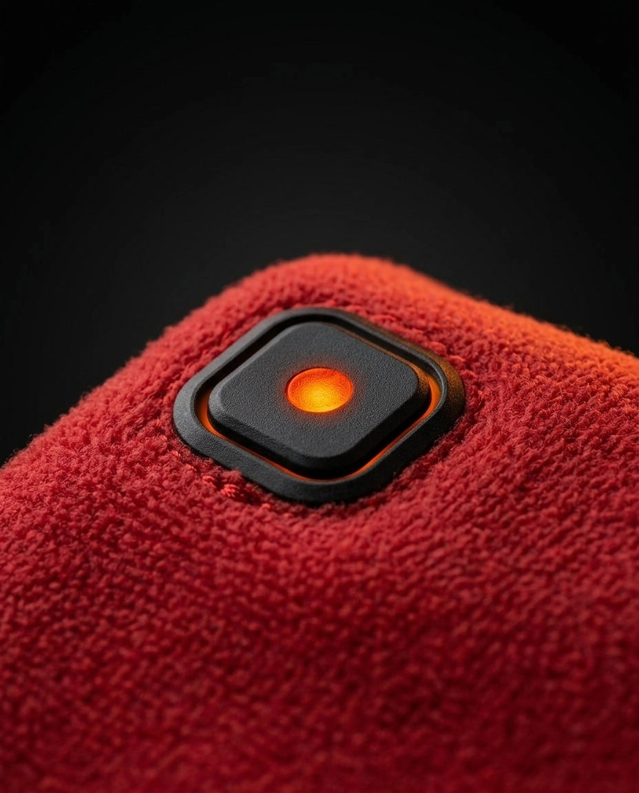 Bouton de commande sur le foulard chauffant USB rouge, vue de détail
