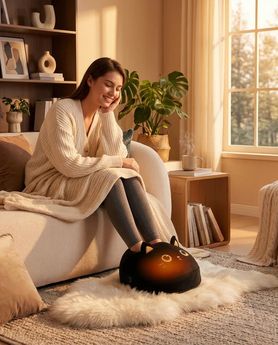 Woman with the cat foot warmer by PyreFit in front of the sofa