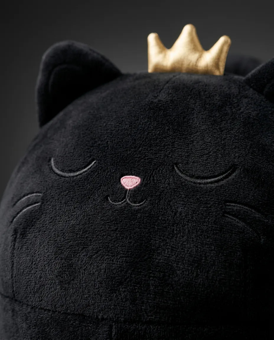 Cat face and fabric of the sherpa foot warmer in detail