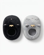 Cat-shaped sherpa foot warmers in black and grey side by side
