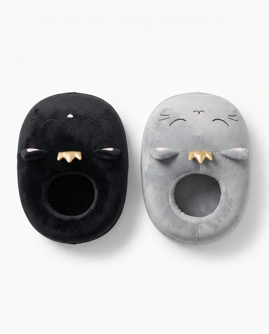 Cat-shaped sherpa foot warmers in black and grey side by side