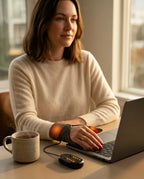 Heated wrap for hand and fingers – woman wearing the heated wrap on her hand
