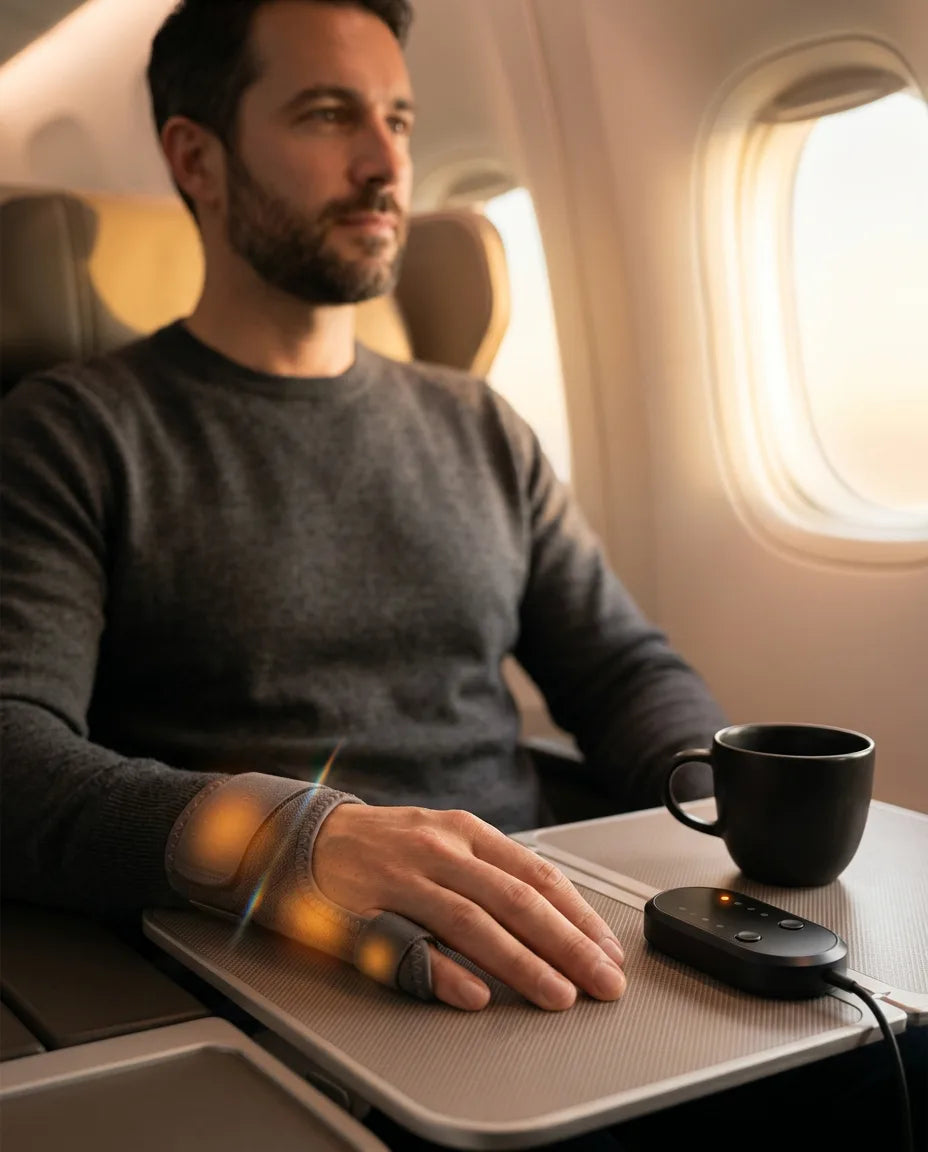 Heated wrap for hand and fingers – traveller wearing the wrap on his hand