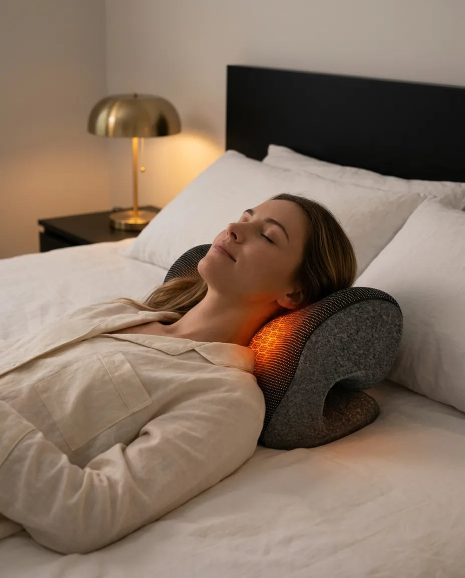 Contoured heated neck pillow – person lying down with the pillow