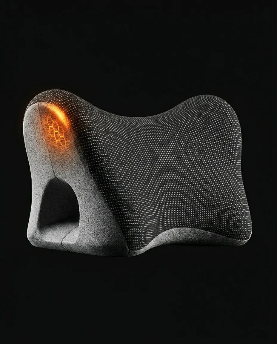Contoured heated neck pillow – side view with control unit
