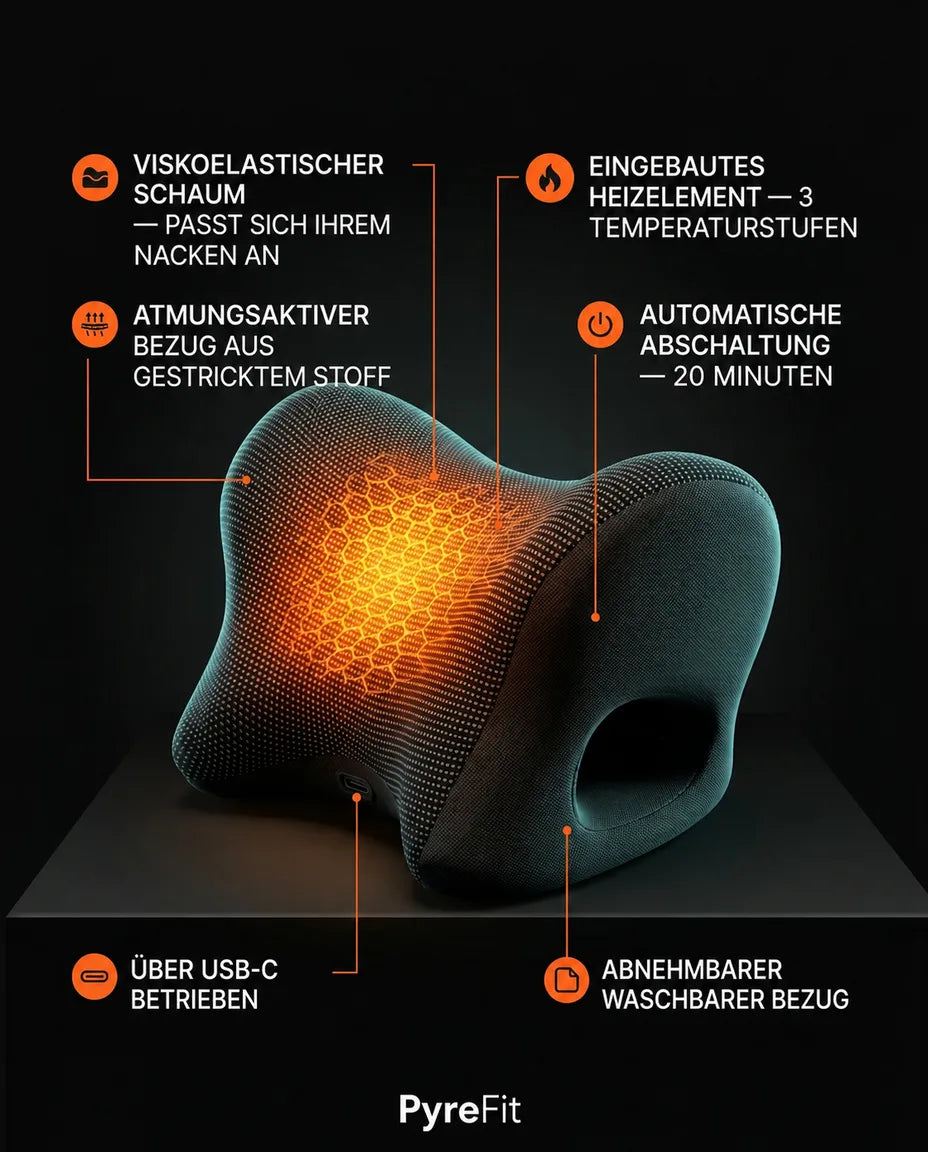 Contoured heated neck pillow – infographic on design and features