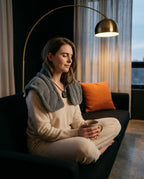 Neck and shoulder warmer – woman wearing the grey warmer in an armchair
