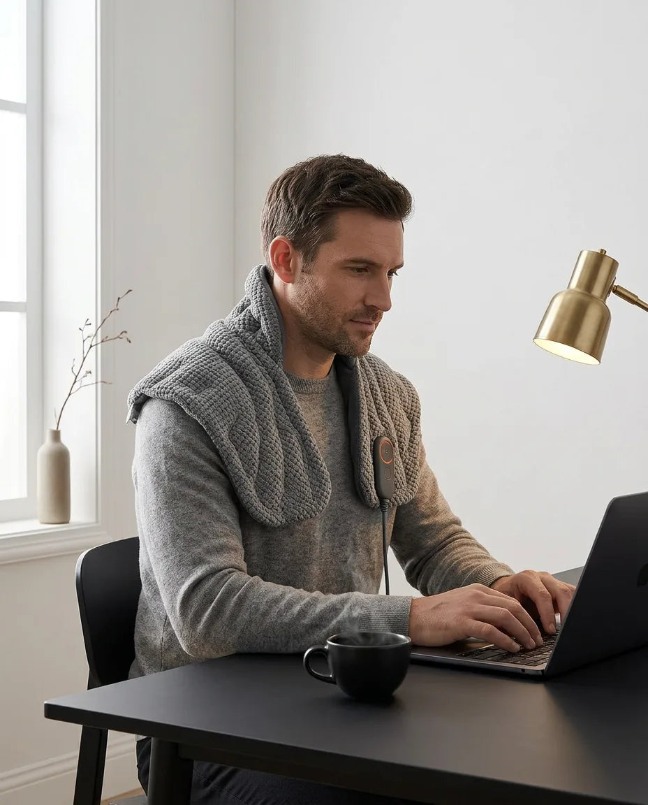 Neck and shoulder warmer – man wearing the warmer at his desk
