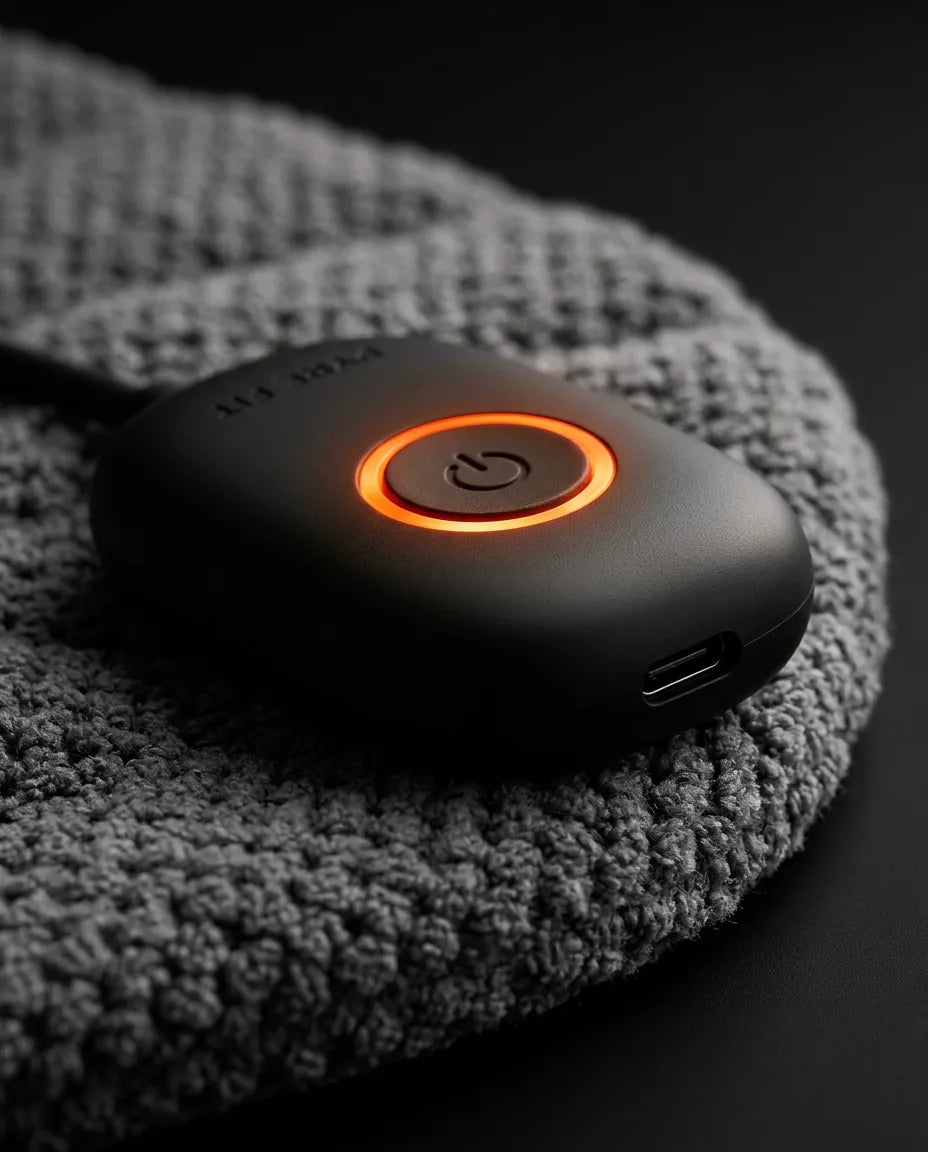 Neck and shoulder warmer – round control button on the fabric
