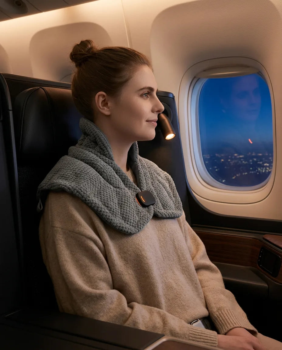 Neck and shoulder warmer – traveller wearing the warmer around her neck