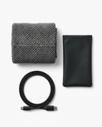 Neck and shoulder warmer – warmer, cable and pouch laid out