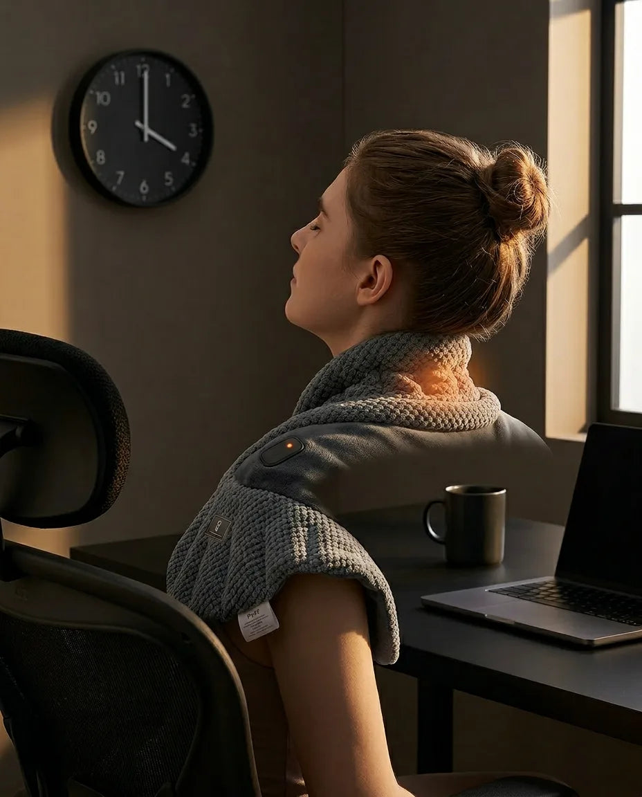 Neck and shoulder warmer – man wearing the warmer in front of a screen