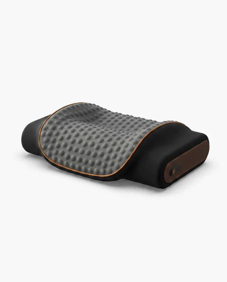 Memory foam neck pillow with massage – grey contoured pillow from the side