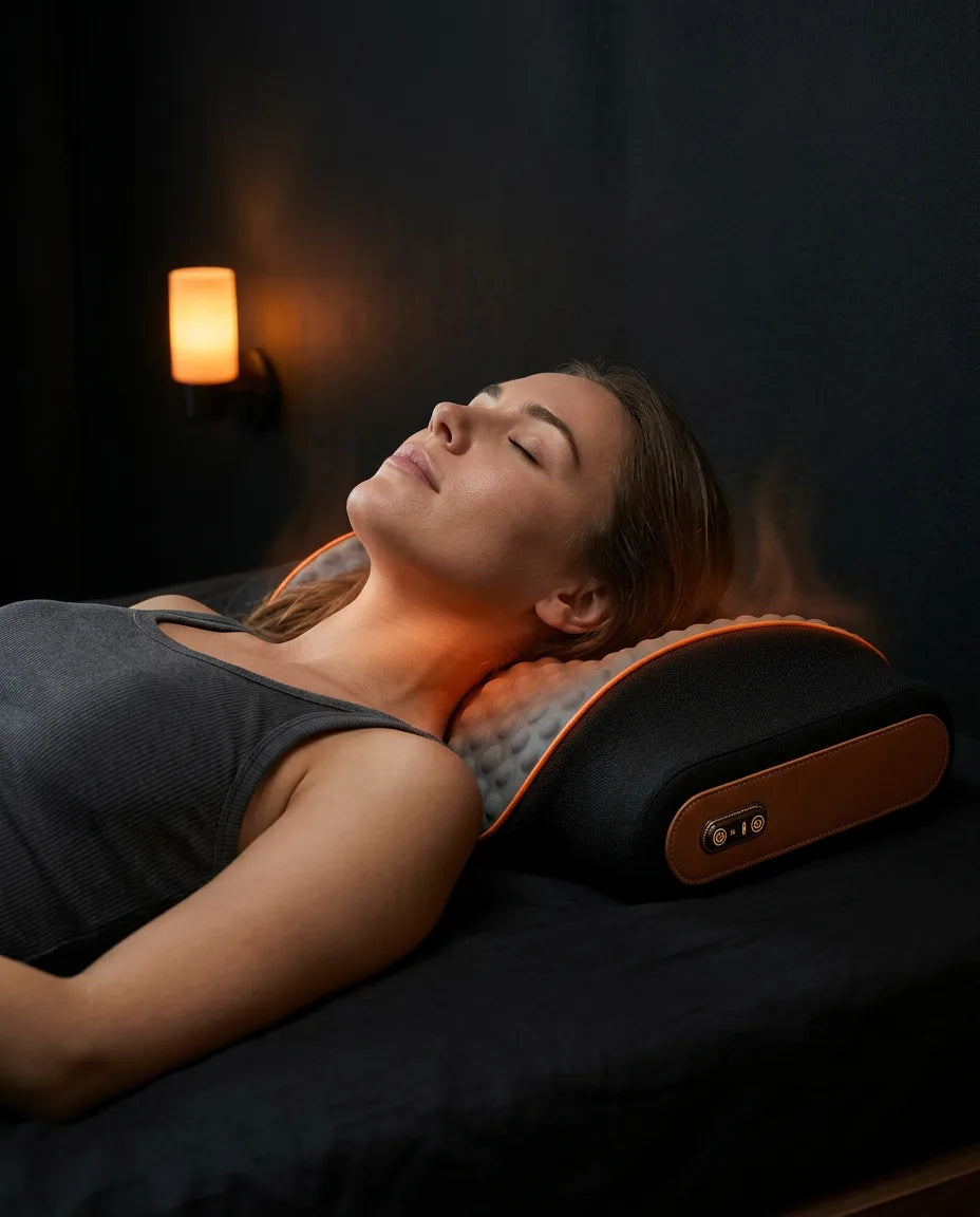 Memory foam neck pillow with massage – woman with the pillow under her neck
