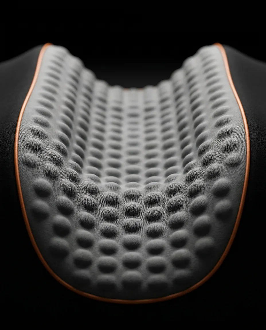 Memory foam neck pillow with massage – contoured grey surface, front view