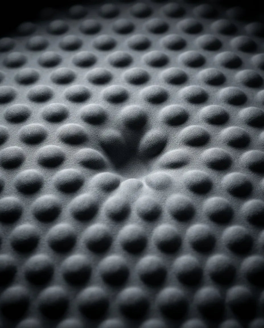Oreiller cervical en mousse à mémoire de forme avec massage – gros plan sur le tissu extérieur perforé