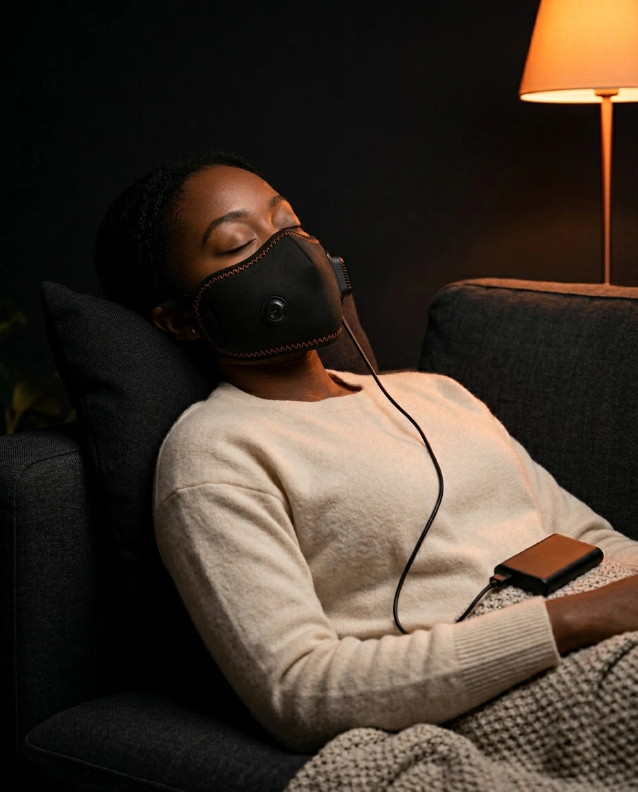Masque facial – chaleur ou massage – femme portant le masque dans un fauteuil