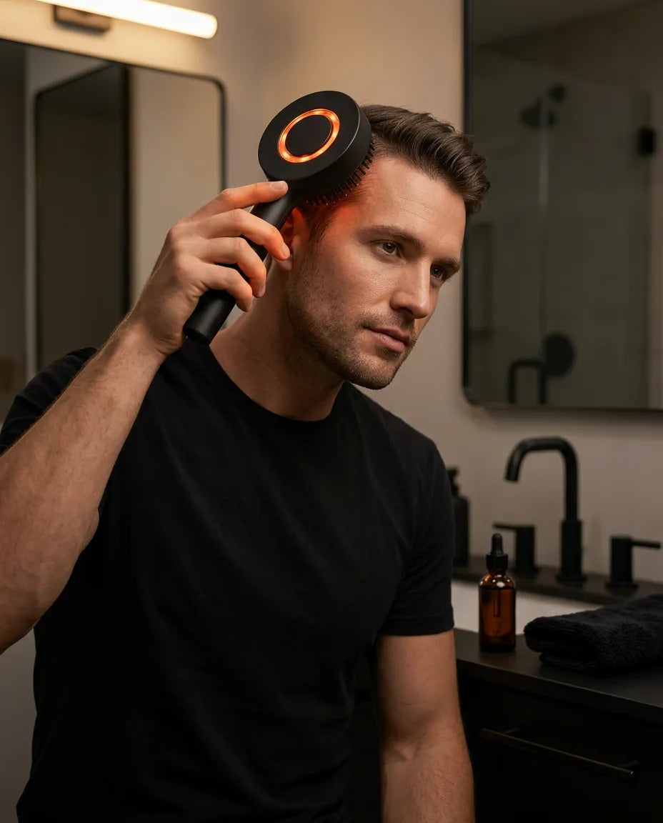 Heated massage brush with hair oil applicator – man bringing the brush to his scalp