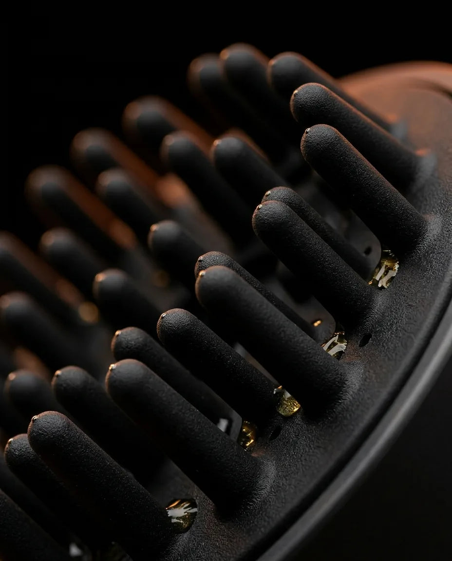 Heated massage brush with hair oil applicator – close-up of the bristle tips