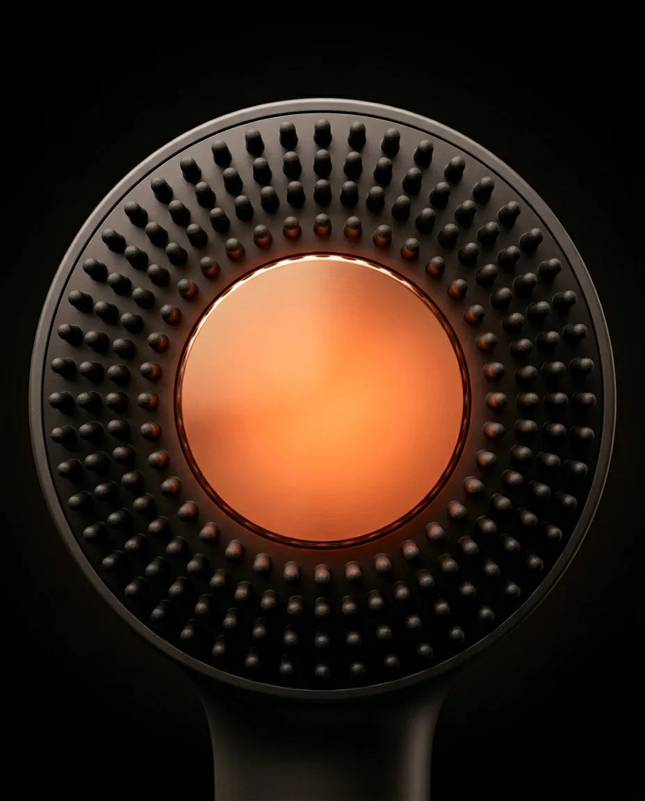 Heated massage brush with hair oil applicator – round head, front view