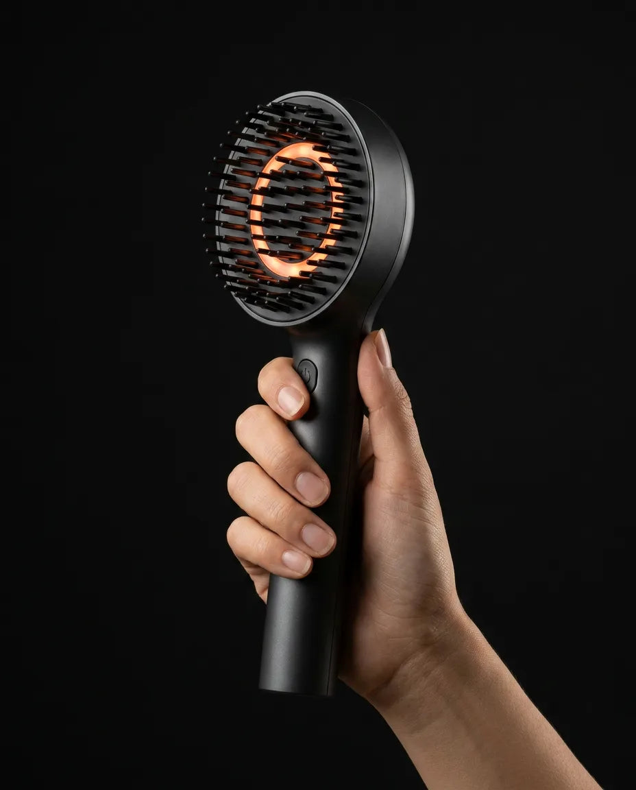 Brosse de massage chauffante avec applicateur d'huile capillaire – main qui tient la brosse à la verticale