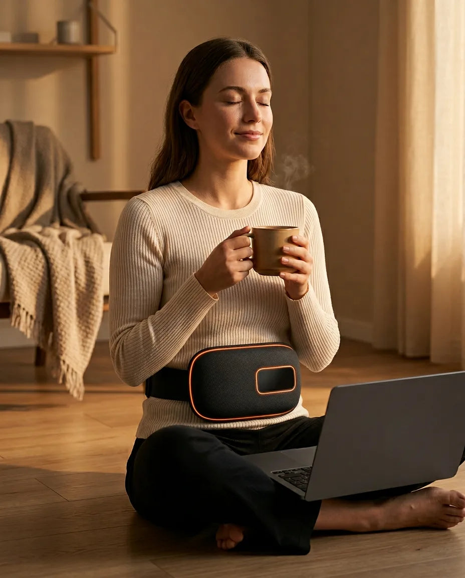 Ceinture de massage avec chaleur et vibration – femme portant la ceinture sur le canapé