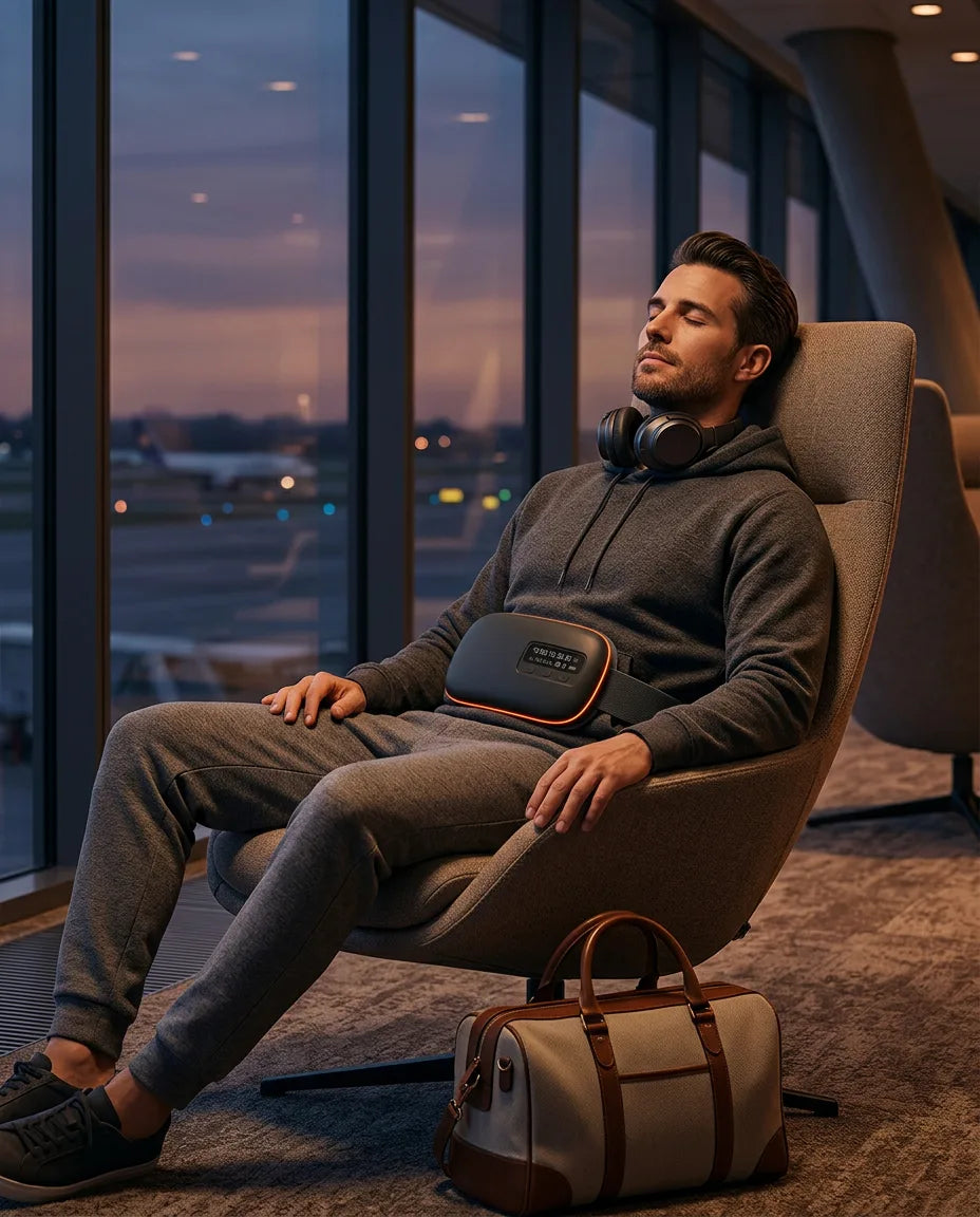 Massage belt with heat and vibration – man wearing the belt in an armchair