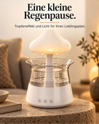 Cloud-shaped device with raindrop effect and light on a side table