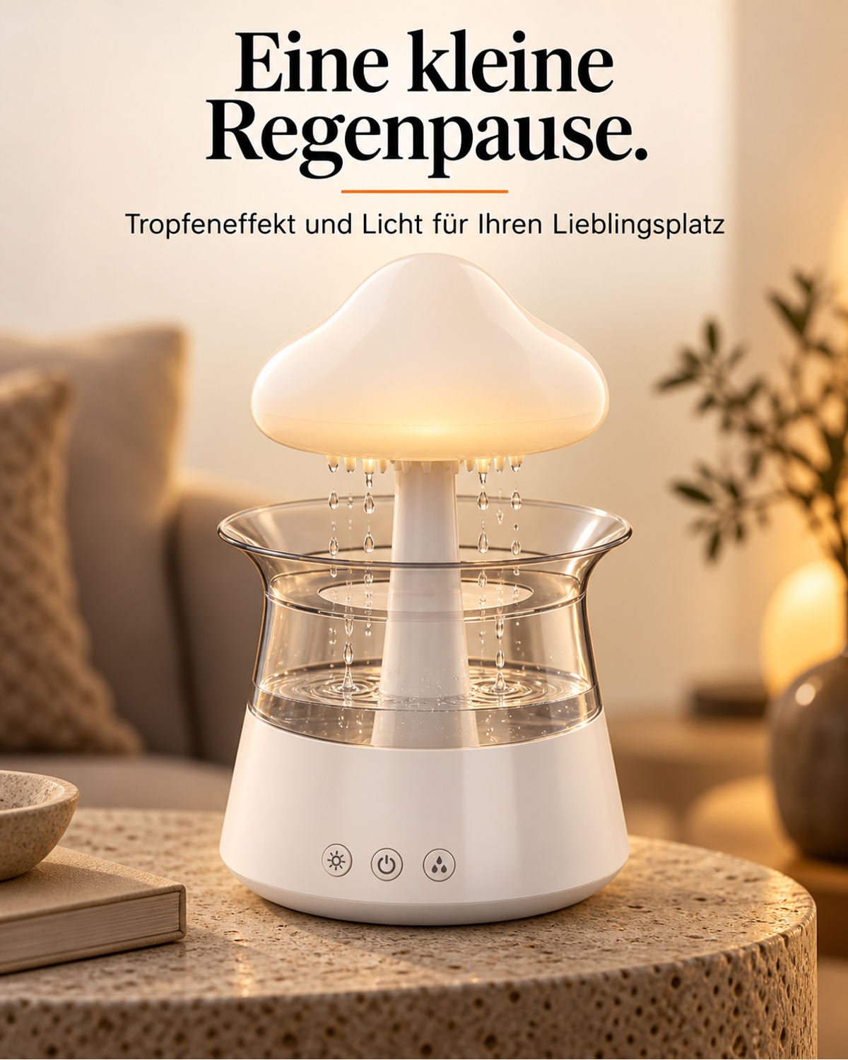 Cloud-shaped device with raindrop effect and light on a side table