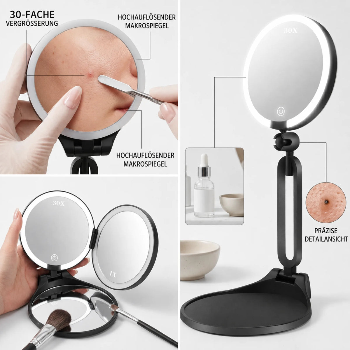 Miroir de maquillage lumineux grossissant 30x – rechargeable et pliable – image du produit 8