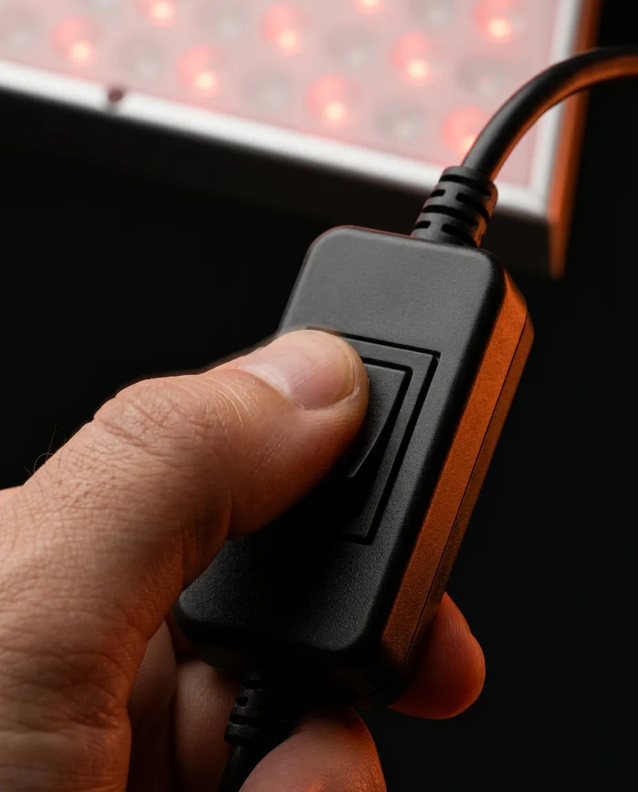 LED red light panel – in-line cable switch in detail