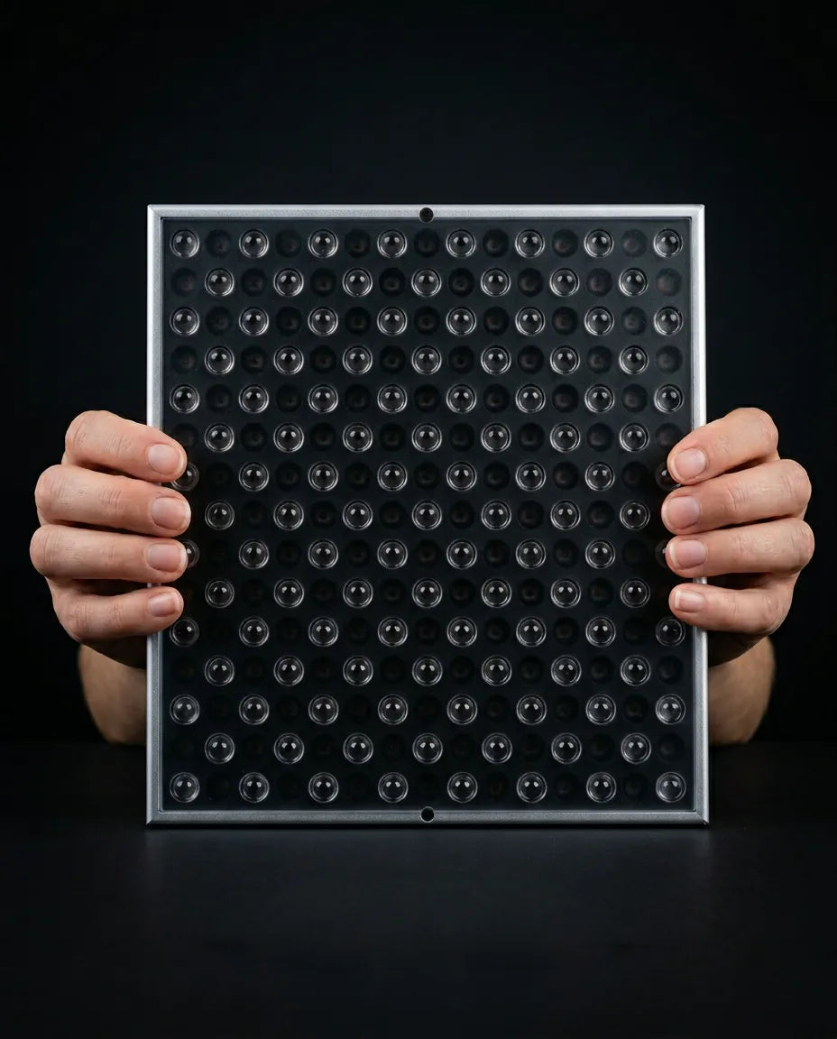 LED red light panel – panel held in two hands, front view