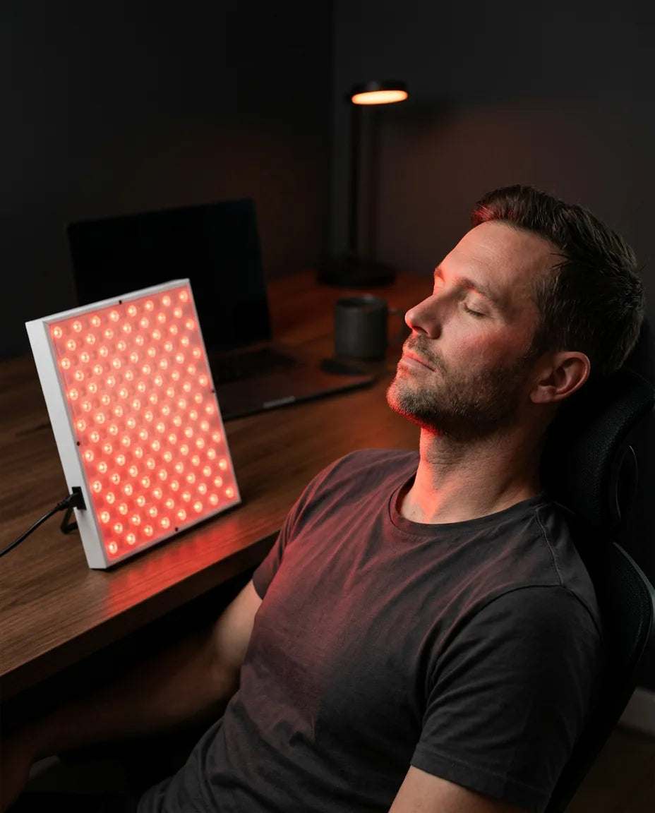 LED red light panel – man in front of the illuminated panel